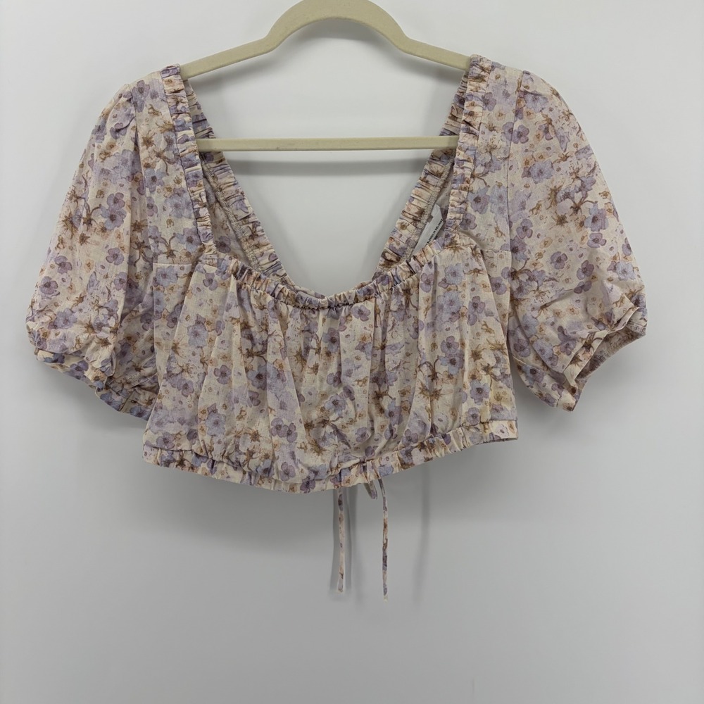 H&M‎ Floral Linen Blend Square Neck Puff Sleeve Tie Back Crop Top Womens M